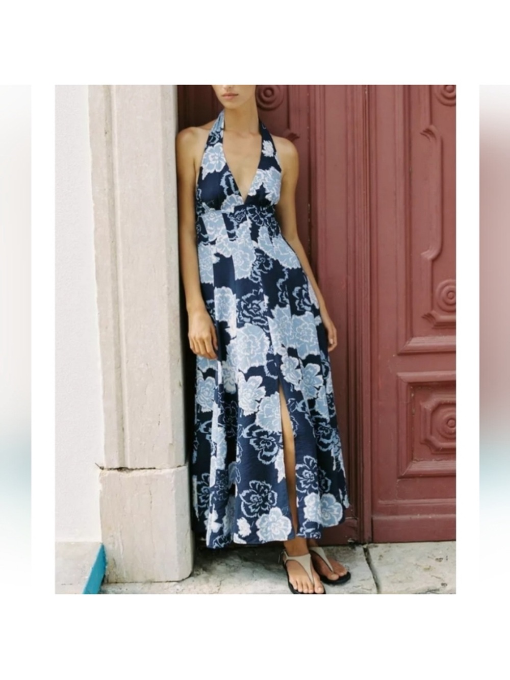 Zara XS Blue Floral Halter Midi Dress